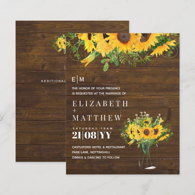 Rustic Sunflower Themed Wedding Stationery Budget (Front/Back)