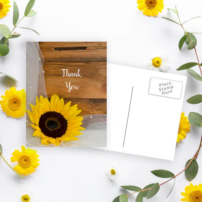 Rustic Sunflower Veil Country Wedding Thank You Postcard | Zazzle
