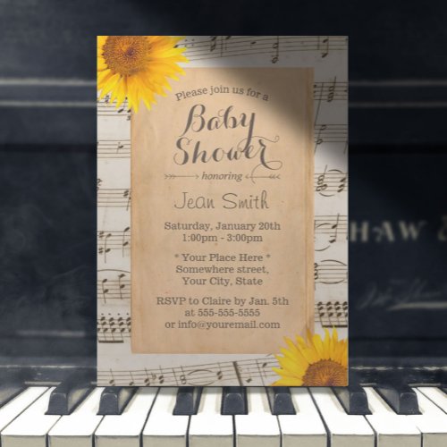 Vintage Sunflower &amp; Old Music Sheet Baby Shower 5x7 Paper Invitation Card