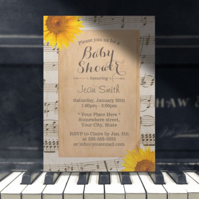 Rustic Sunflower Vintage Musical Baby Shower Invitation (Creator Uploaded)