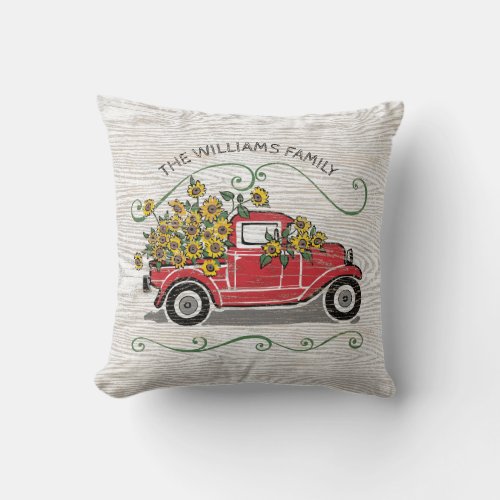 Rustic Sunflower Vintage Red Truck Family Name Throw Pillow