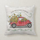 Rustic Sunflower Vintage Red Truck Family Name Throw Pillow<br><div class="desc">This country style pillow features a red vintage truck overflowing with blooming yellow sunflowers.  Decorative green flourishes accentuate the family name.  A wood texture overlay gives the pillow a rustic appearance.  Makes a stylish addition to your farmhouse decor.</div>