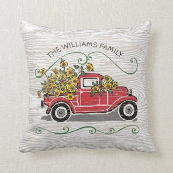 Rustic Sunflower Vintage Red Truck Family Name Throw Pillow by ilovedigis at Zazzle
