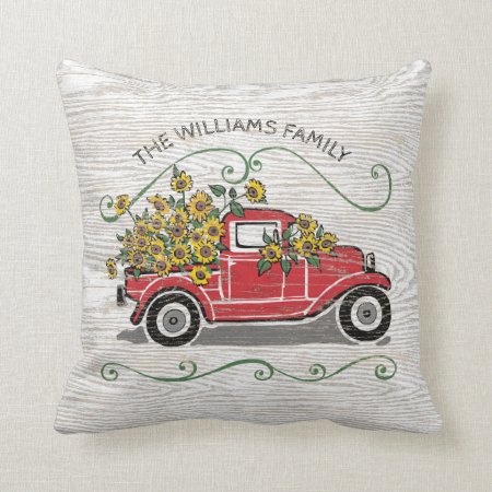 Rustic Sunflower Vintage Red Truck Family Name Throw Pillow