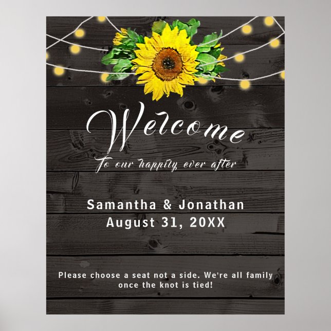 Rustic Sunflower w Lights Wedding Poster (Front)