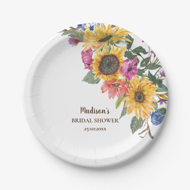 Rustic Sunflower Watercolor  Bridal Shower Paper Plates (Front)