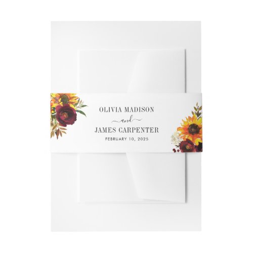 Rustic Sunflower Watercolor Burgundy Red Floral Invitation Belly Band