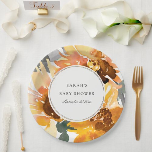 Rustic Sunflower Watercolor Floral Baby Shower Paper Plates