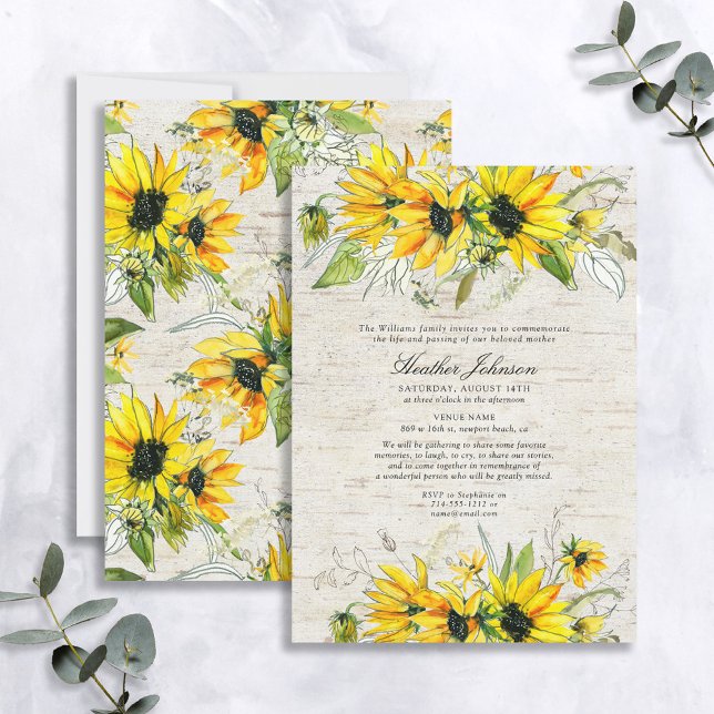 Rustic Sunflower Watercolor Floral Birch Funeral Invitation (Creator Uploaded)