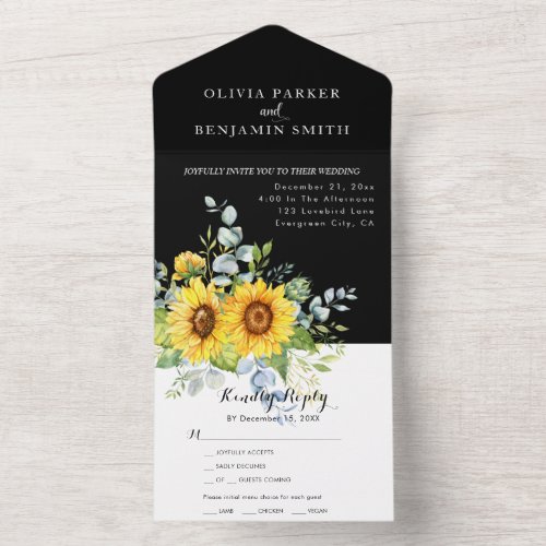 Rustic Sunflower Watercolor Floral Black Wedding All In One Invitation