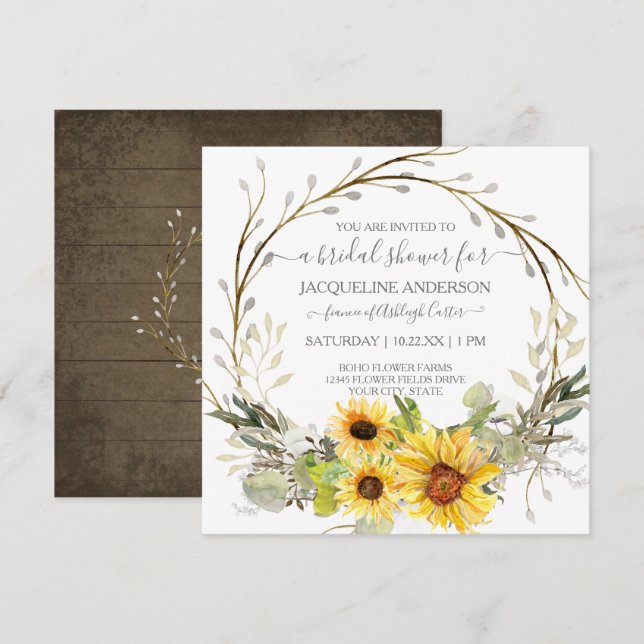 Rustic Sunflower Watercolor Floral Bridal Shower Invitation (Front/Back)