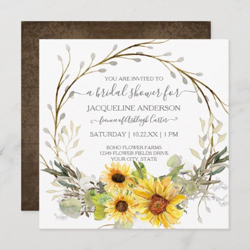 Rustic Sunflower Watercolor Floral Bridal Shower Invitation