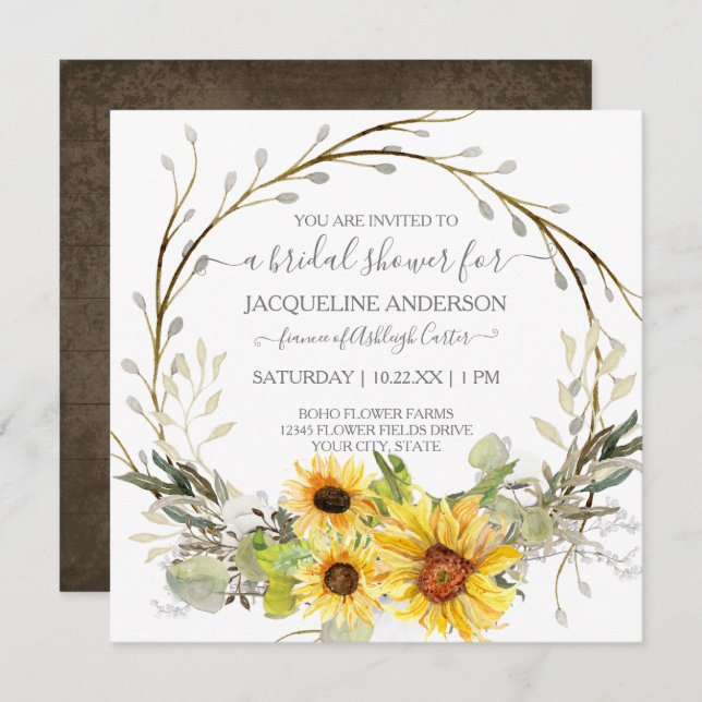 Rustic Sunflower Watercolor Floral Bridal Shower Invitation (Front/Back)