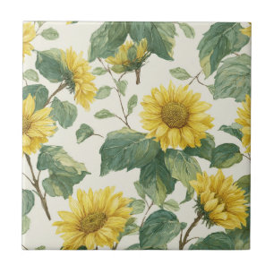 Rustic Sunflower Watercolor Floral Farmhouse Ceramic Tile
