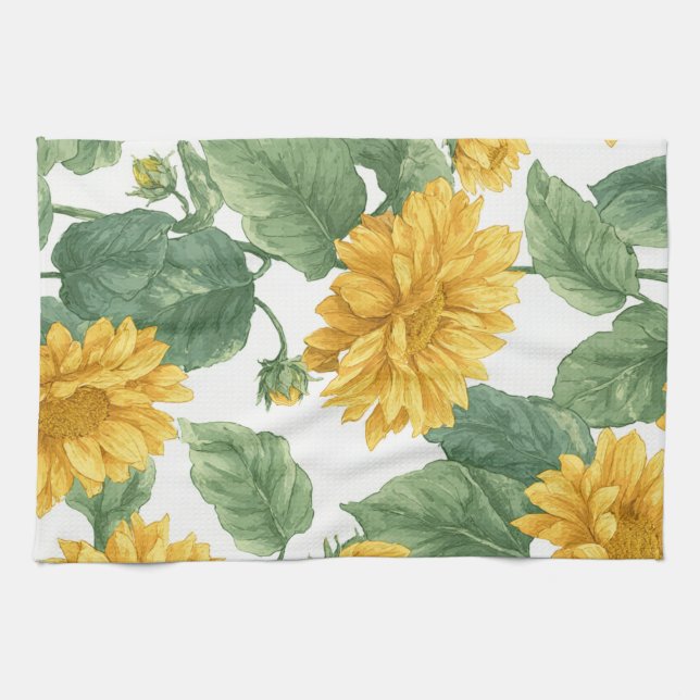 Rustic Sunflower Watercolor Floral Farmhouse Kitchen Towel (Horizontal)