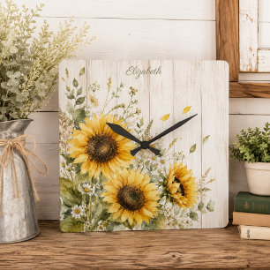 Rustic Sunflower Watercolor Floral Farmhouse Square Wall Clock