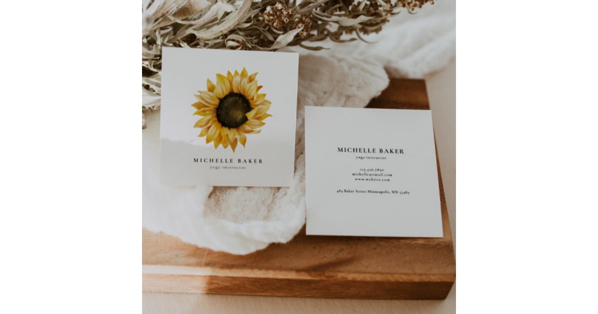 Rustic Sunflower Watercolor Floral Square Business Card | Zazzle