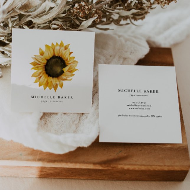 Rustic Sunflower Watercolor Floral Square Business Card (Creator Uploaded)