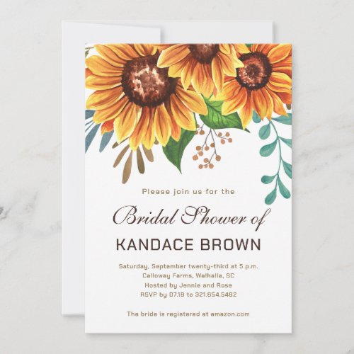 Rustic Sunflower Watercolor Script Bridal Shower Invitation