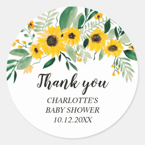 Rustic sunflower watercolor thank you baby shower classic round sticker