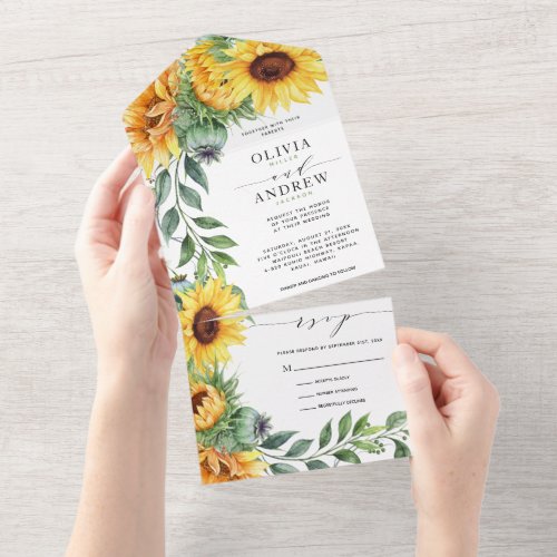Rustic Sunflower Watercolor Wedding All In One Invitation - These budget-friendly Rustic Sunflower Watercolor Wedding invitations are designed with an easy-to-tear-off perforated RSVP postcard. Just simply fold each card into the outlined shape, and then seal and send - no envelope needed for shipping. 
