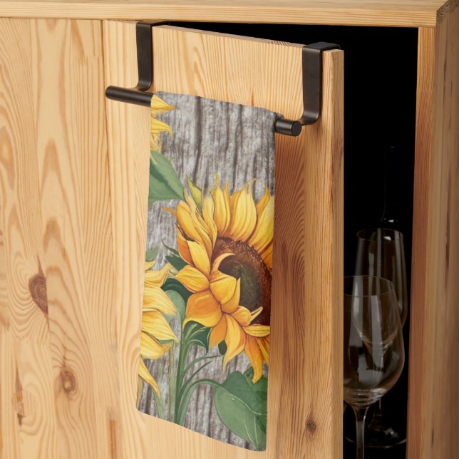 Rustic Sunflower & Weathered Gray Barnboard Kitchen Towel (Thirds Fold)