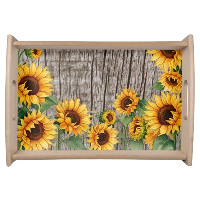 Rustic Sunflower & Weathered Gray Barnboard Serving Tray (Front)
