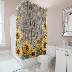 Rustic Sunflower & Weathered Gray Barnboard Shower Curtain