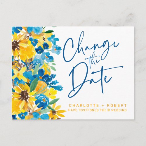 Rustic sunflower wedding change the date announcement postcard