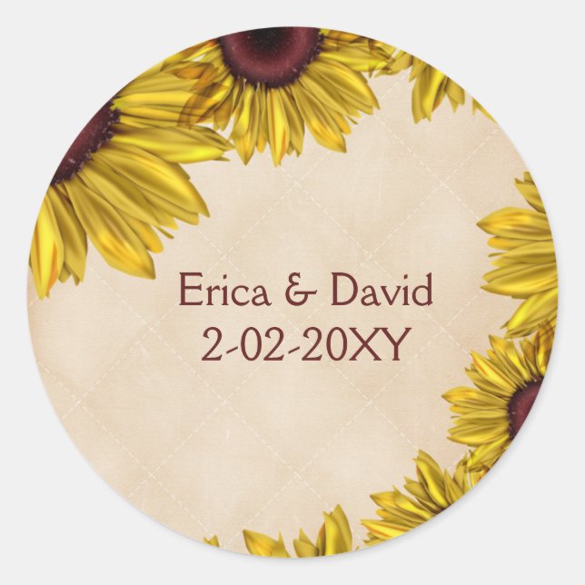Rustic Sunflower Wedding Classic Round Sticker (Front)