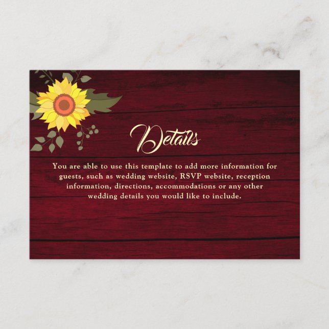 Rustic Sunflower Wedding Details Enclosure Card (Front)