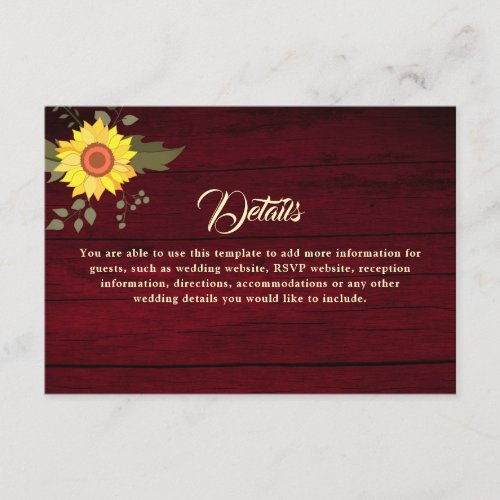 Rustic Sunflower Wedding Details Enclosure Card