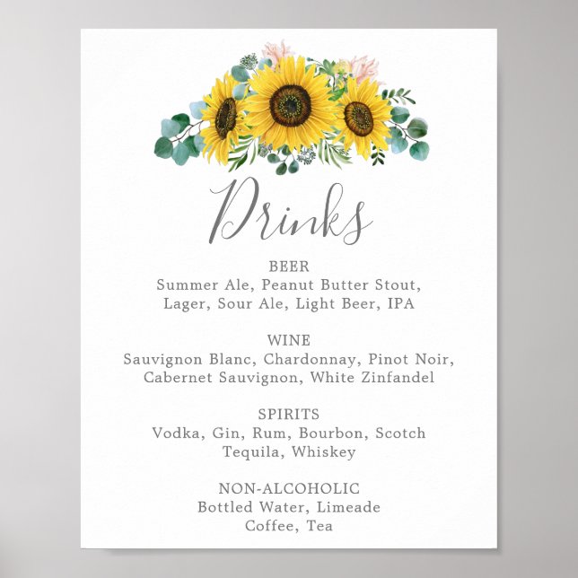 Rustic Sunflower Wedding Drinks Menu Sign (Front)