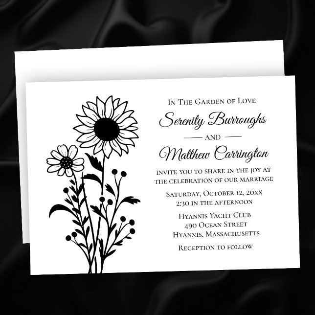 Rustic Sunflower Wedding Floral Black White Invitation (Creator Uploaded)