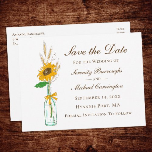 Rustic Sunflower Wedding Floral Save The Date   Postcard