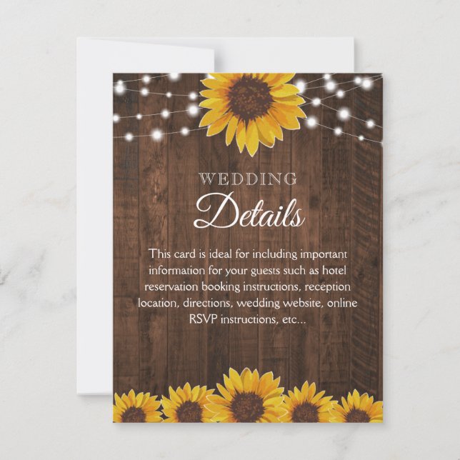 Rustic Sunflower Wedding Guest Details Info Card (Front)
