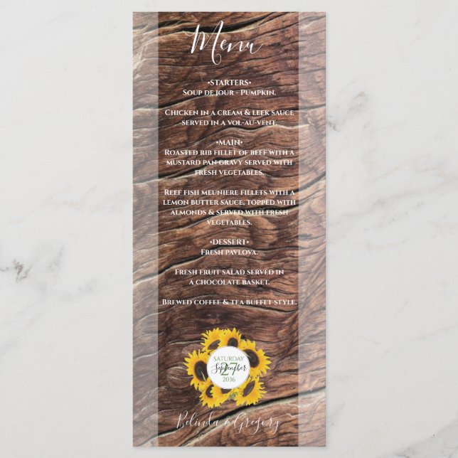 Rustic Sunflower Wedding Menu (Front)