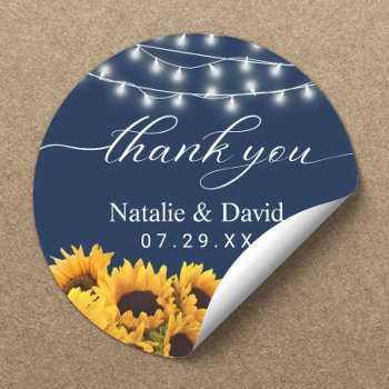 Rustic Sunflower Wedding Navy Blue Thank You  Classic Round Sticker by myinvitation at Zazzle
