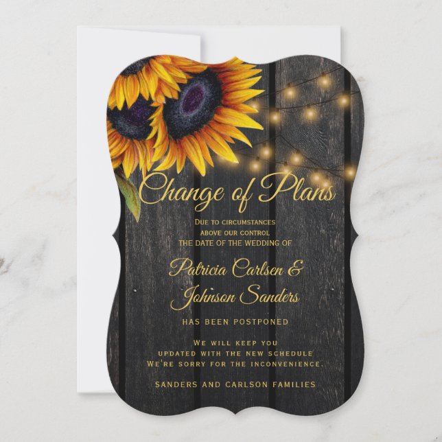 Rustic sunflower wedding postponement announcement (Front)