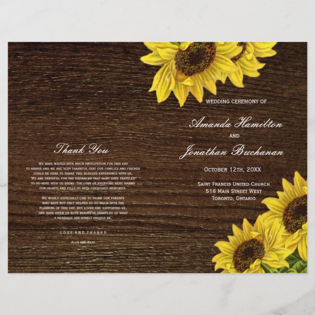 Rustic Sunflower Wedding Programs on Navy Blue (Front)