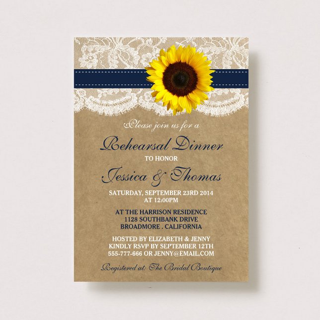Rustic Sunflower Wedding Rehearsal Dinner - Navy Invitation (Creator Uploaded)
