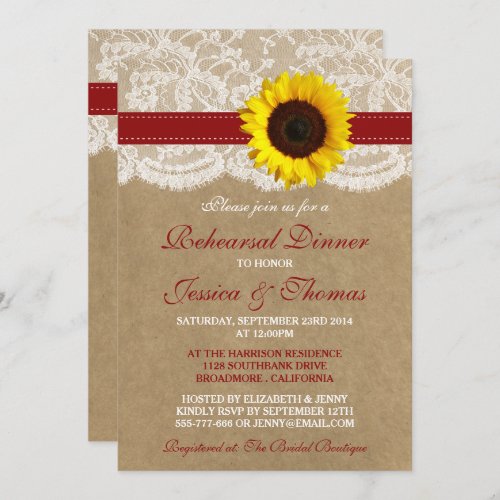 Rustic Sunflower Wedding Rehearsal Dinner _ Red Invitation