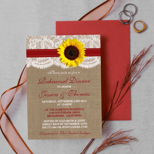 Rustic Sunflower Wedding Rehearsal Dinner - Red Invitation (Creator Uploaded)