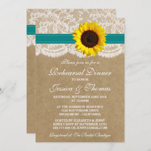 Rustic Sunflower Wedding Rehearsal Dinner _ Teal Invitation