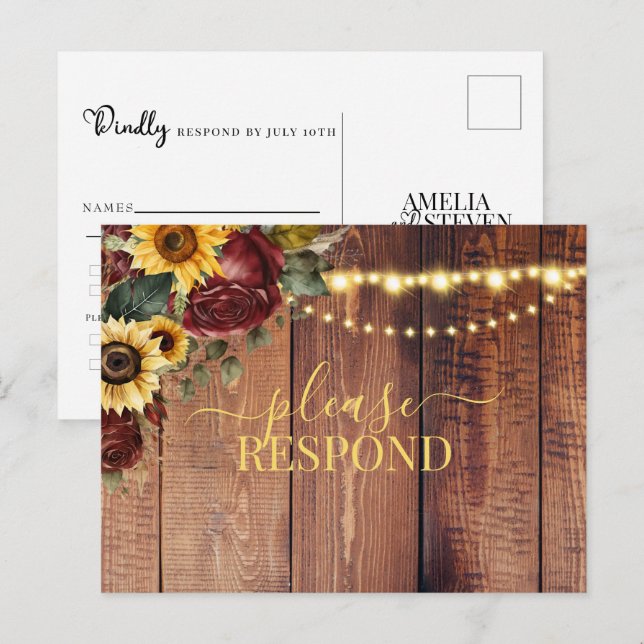 Rustic Sunflower Wedding RSVP  Postcard (Front/Back)