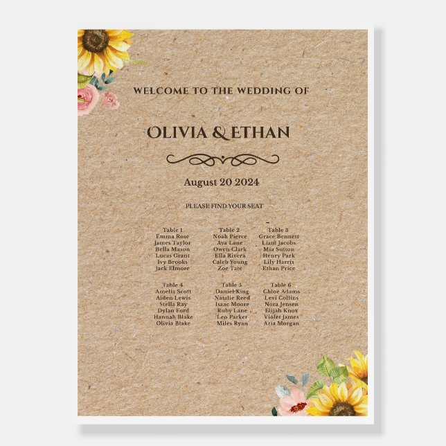 Rustic Sunflower Wedding Seating Chart Foam Board (Front)