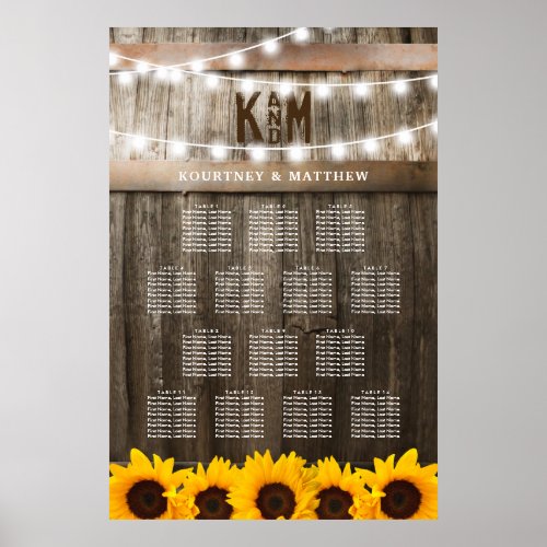 Rustic Sunflower Wedding Seating Table Chart - SUNFLOWER WEDDING SEATING TABLE PLAN | Country barn oak barrel background, twinkle string lights, golden sunflowers and your monogram.
Click on the “Customize it” button for further personalization of this template. You will be able to modify all text, including the style, colors, and sizes.
You will find matching items further down the page, if however you can't find what you looking for please contact me.