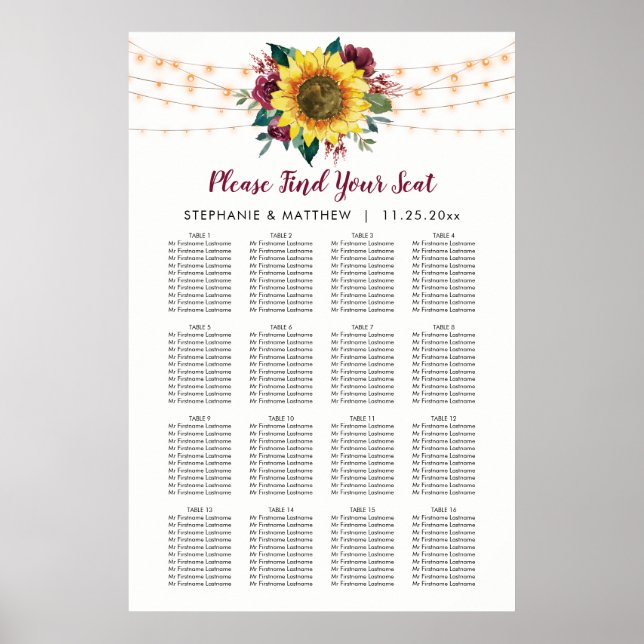 Rustic Sunflower Wedding Seating Table Chart (Front)