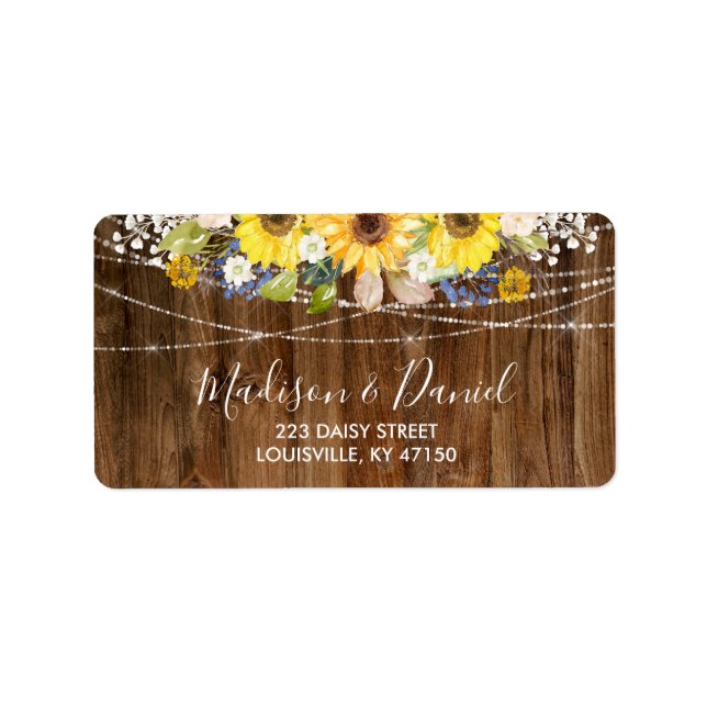 Rustic Sunflower Wedding String Lights Wood Label (Front)