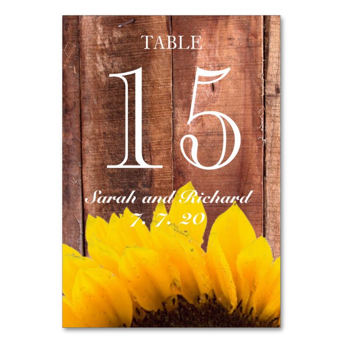 Rustic Sunflower Wedding Table Number Card Table Card